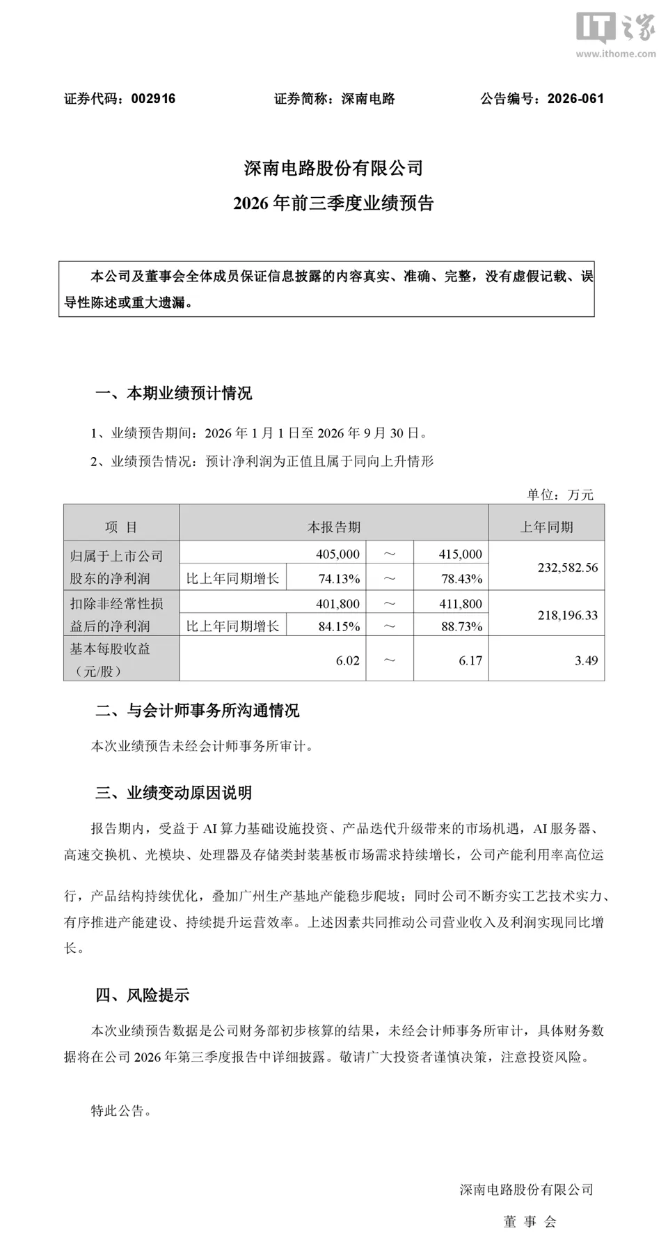 深南电路 2026 年三季度归母净利润 40.5 亿元~41.5 亿元,同比74.13%~78.43%